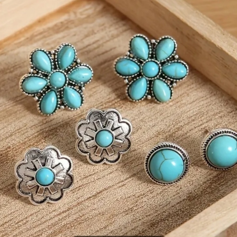 3 Pr Turquoise Silver Earrings